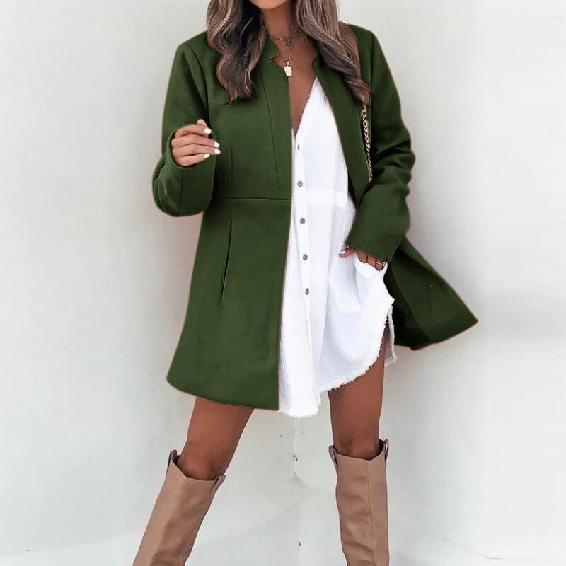 Supernfb Women Autumn Fashion Solid Color Wool Jackets Retro Long Sleeve Stand Collar Cardigan Jacket Casual Commuter Office Ladies Coats