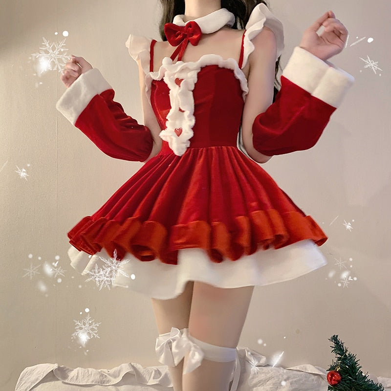 Supernfb Red Korean Sexy Christmas Set Women Winter Slim Female Clothing Sets New Year Bow Designer Casual Party Mini Dresses Sets