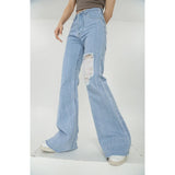 supernfb Women Blue Jeans Worn-out High Waist American Street Wide Leg Pants Fashion Hip Hop Vintage Straight Y2K Style Autumn Trousers