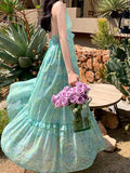 Supernfb Boho Midi Dress Summer French Vintage Halter Backless Floral Print Beach Holiday Sundress Sexy Evening Party Chiffon Dress