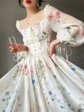 Midi Print Dress Summer New Women Elegent Fashion French Retro Princess Fancy Party Prom Clothes Female Vestidos