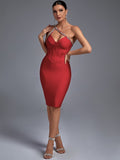 Crystal Bandage Dress Women Red Bodycon Dress Evening Party Elegant Sexy Halter Neck Midi Birthday Club Outfits Summer New