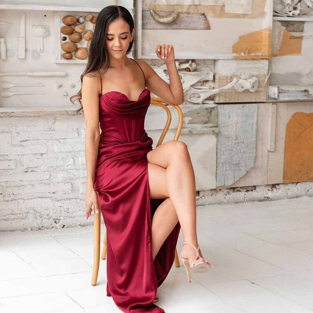 New Summer Prom Dress Women'S Sling Sleeveless Solid Color Dress One Word Neck Slim Fit Open Back Slit Red Sexy Dress