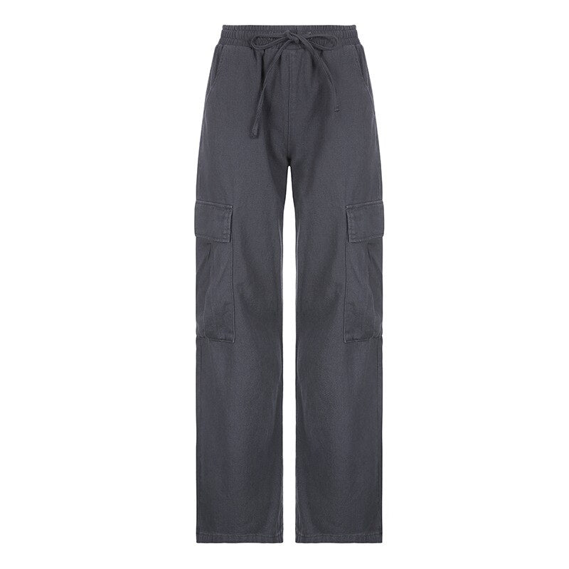 supernfb Women Harajuku Loose Cargo Pants Fashion Grey Color Elastic Waist y2k pants with big Pockest roupas femininas streetwear Pants
