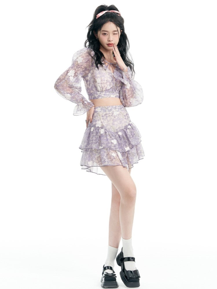 supernfb Women Purple Blouse+cake Dress 2 Piece Set Summer Elegant Mesh Long Sleeve Crop Top Y2k Suit Korean Sweet Mini Skirt Suit