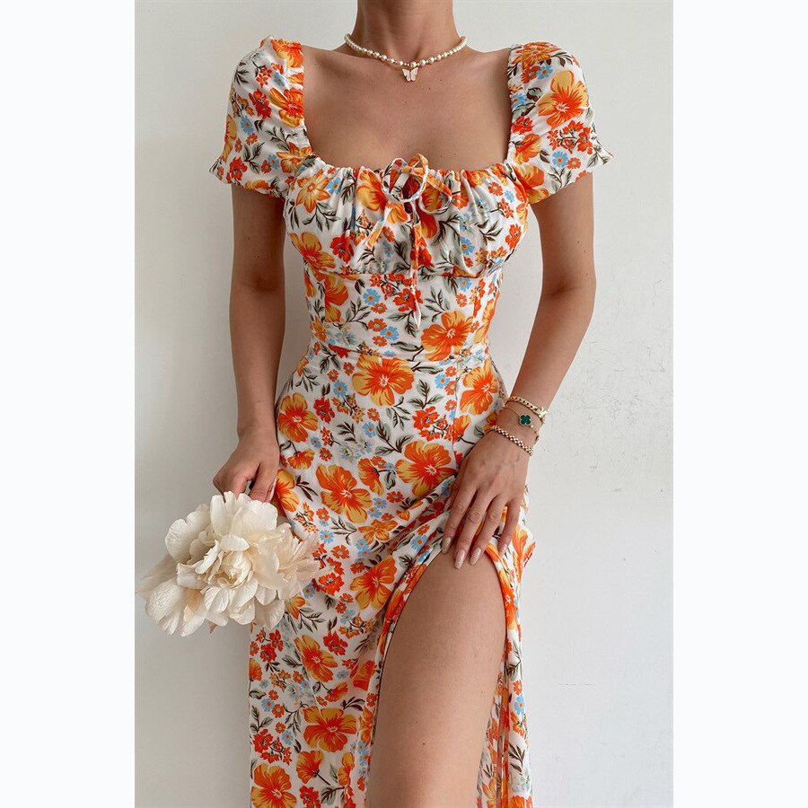 Supernfb Elegant Sweet Floral Print Dress for Women Summer Dresses New Strapless Short Puff Sleeve Slim Hem Slit Maxi Dress