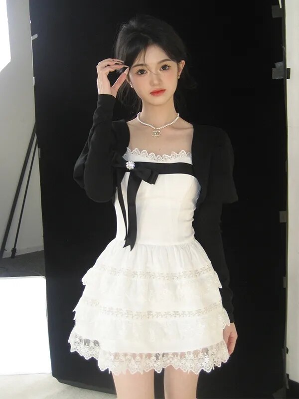 Supernfb Sweet A-LINE Mini Dress Women Korean Lace Party Dress Spring Lady Elegant Lace Cake Dress Female Casual Dress With Bow