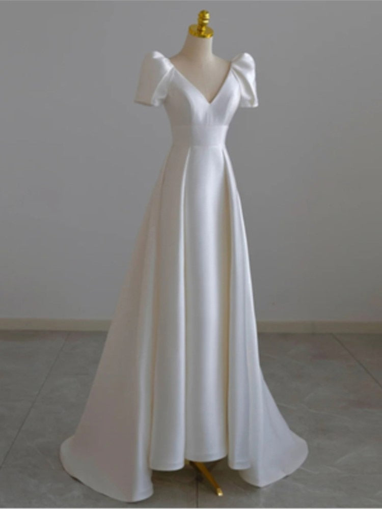 Supernfb Tavimart women white v-neck simple high waist wedding dress female satin puff sleeve elegant prom dress Bridal Gowns Train Vestidos