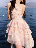 Supernfb Summer Fairy Mini Dresses Women Ruched Ruffles Irregular Print Boho Beach Dress Sexy Halter Backless Evening Party Vestidos 2023