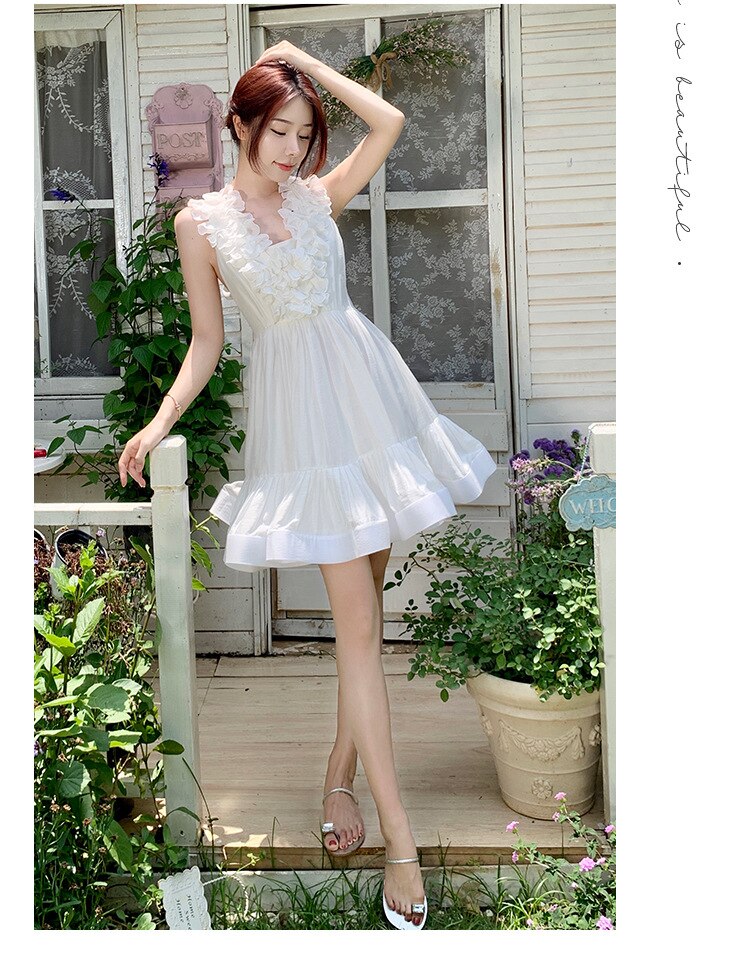 Supernfb women summer ruffle backless white party dress female A-line lace up elegant sleeveless holiday dress