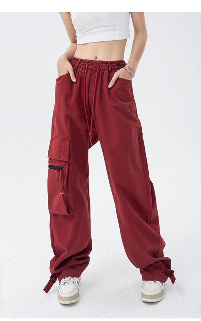supernfb Red Overalls Pants Women's Fashion Trousers Hip Hop Drawstring High Waist Wide Leg Baggy Casual Cargo Straight Pants Streetwear