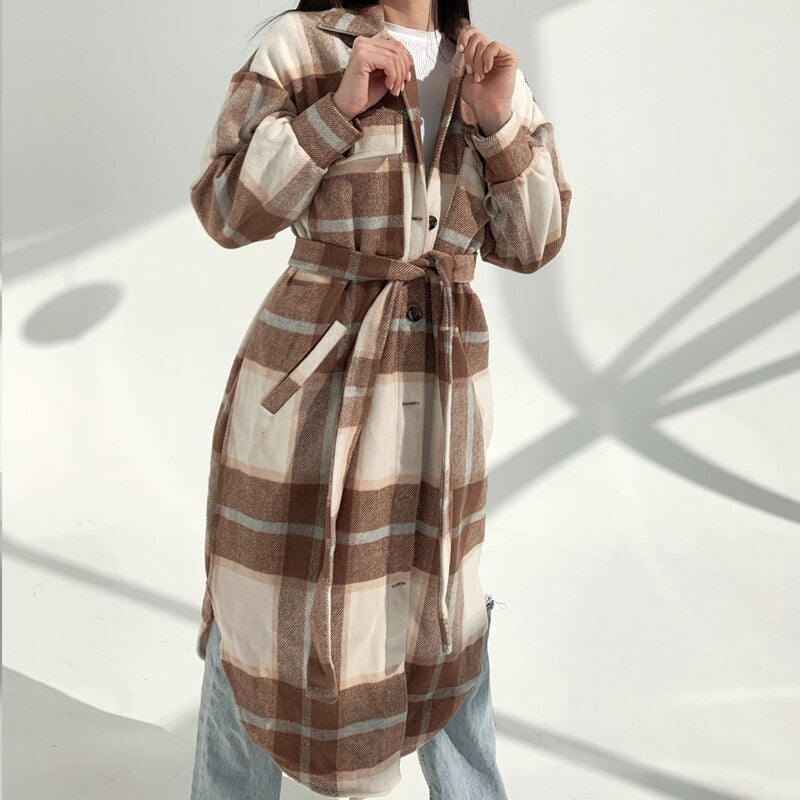 Supernfb Retro Plaid Print Coat Ladies Casual Long Sleeve Lapel Single Breasted Woolen Coats Women Loose Lace Up Asymmetrical Jacket