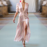 Supernfb High Quality Runway Designer Dress Women Elegant V-neck Pink Floral Printed Maxi Dress  Summer Robe Longue