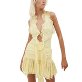 Supernfb Women Sleeveless Halterneck Dress Summer Ruffled Flower Ruched Cocktail Party Dress with Tassels for Club Streetwear
