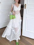 Supernfb White Hollow Out Sleeveless Lace Dress Women Summer Elegant Slim Waist A-line Long Dress Vestidos