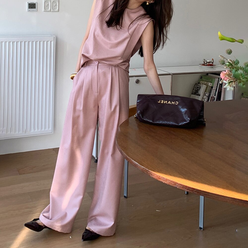 Supernfb  Spring New Women's Fashion Elegant Casual Sleeveless Top Solid Color Commuter Wide Leg Pants Two Piece Set Female