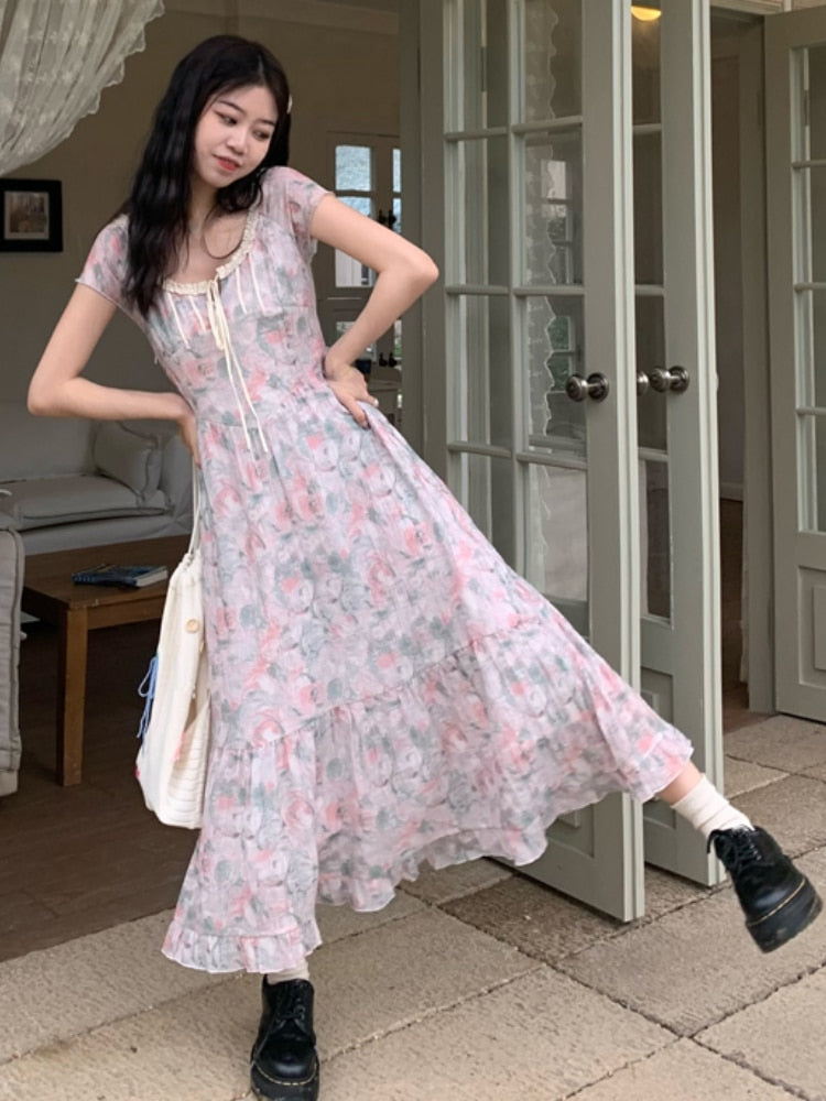 Supernfb Flying Sleeve Kawaii Sweet Dress Women Lace French Vintage Mini Dress Female Print Bandage Korean Style Causal Dress Summer