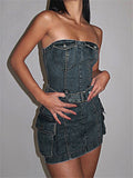 Supernfb Vintage Denim Dress Hot Strapless Bodycon Slim Mini Dress For Women Summer Sleeveless Summer Wrap Jean Short Dresses