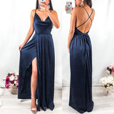Supernfb Women Sexy Backless Lace Up Long Dress Elegant Swinging Collar A Line Party Pleated Dress Summer Satin Sling Maxi Dresses