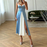 Supernfb Elegant Split Sling Dress new Summer Women's Dresses Lace up Sexy Bra Contrast Skinny High Waist Split Maxi Dress