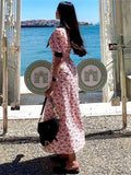 Supernfb V-Neck Patchwork Printed Dress Summer For Women Short Sleeve Fashion High Waist Party Dress Contrast Ladies Maxi Dress