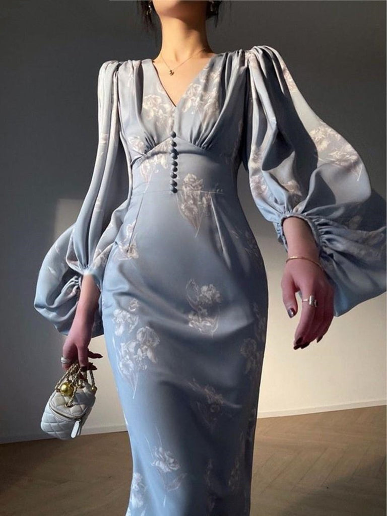 Slim Midi Dress Women Summer Fashion New Printing Elegant Evening Party Mermaid Dresses Long Sleeve V-neck Fmeale Clothing