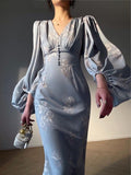 Slim Midi Dress Women Summer Fashion New Printing Elegant Evening Party Mermaid Dresses Long Sleeve V-neck Fmeale Clothing