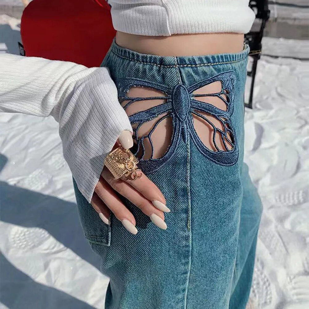 supernfb Side Butterfly Jeans Women Sexy Hollow Embroidery Long Pants Women's All Match Casual Denim Pant Female Summer