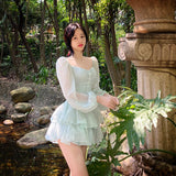 Supernfb Korean Style Sweet Party Mini Dress Women Green Chiffon France Elegant Dress Female Bubble Sleeve White Casual Fairy Dress