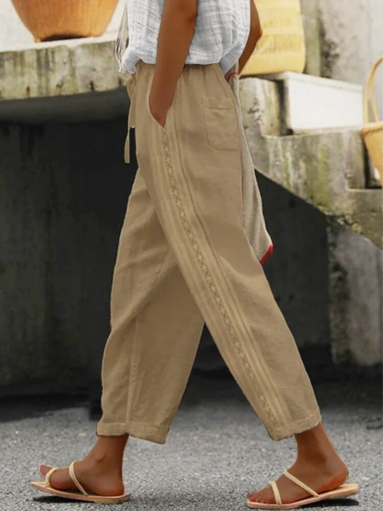Supernfb Women Pants Cotton Linen Solid Summer Female Pantalon Pockets Drawstring Casual Loose Straight Trousers Women's Clothing Pants