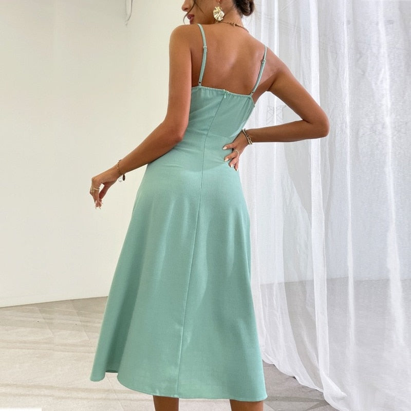 Supernfb Sexy Slit Dress for Women Summer Dresses New Elegant Fashion Solid Color V-Neck Backless Zipper Midi A-line Dress
