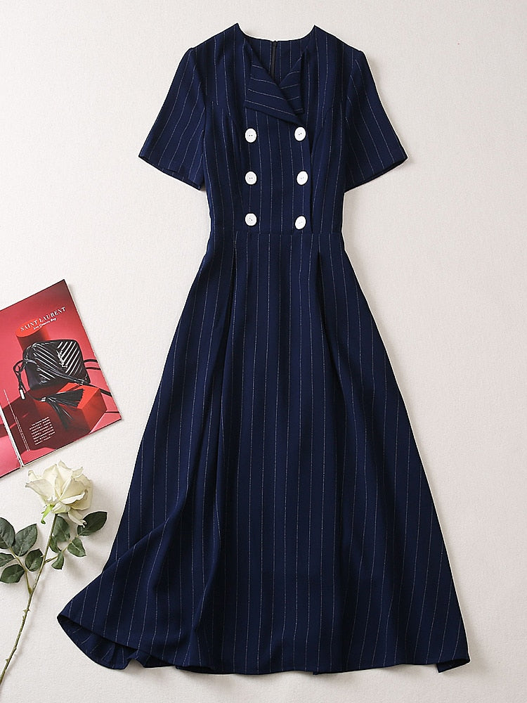 Supernfb High Quality Fashion Summer New Stripes Celebrity Office Workplace Elegant Chic Casual Designer Navy Blue Button Midi Dress