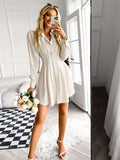 Supernfb Solid Long Sleeve Mini Shirts Dress For Women Casual V-neck High Waist Single Breasted Ruched Dress Office Lady Autumn Clothing
