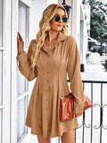 Supernfb Solid Long Sleeve Mini Shirts Dress For Women Casual V-neck High Waist Single Breasted Ruched Dress Office Lady Autumn Clothing