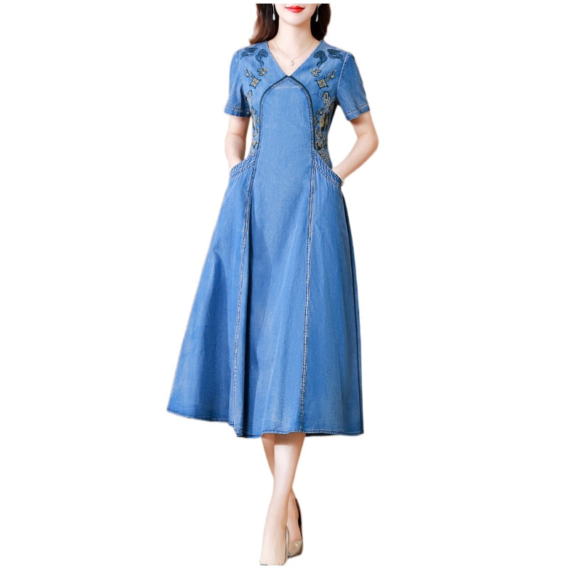 Supernfb New Free Shipping Vintage Women Long Mid-Calf Summer Denim M-2XL Short Sleeve Embroidery V-Neck Chinese Style Dresses