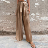 Supernfb  Europe And The United States Summer New Women Pleated Draped Wide Leg Pants Female High Waist Straight Tie Pants Female