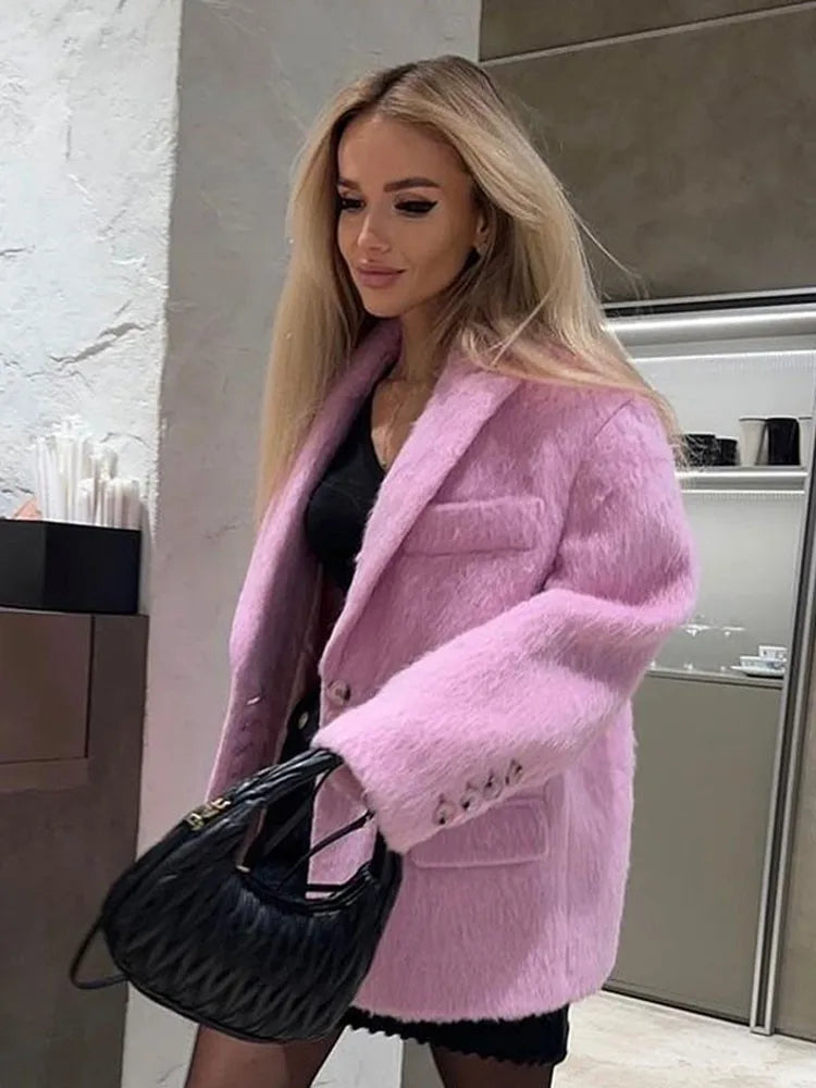 Supernfb Women Sweety Pink Lapel Wool Jackets Long Sleeve Single Breasted Pockets Coat Autumn Female Office Commuter Outwear
