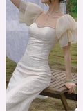 Supernfb  Summer Puff Sleeve White Wedding Dress Women Square Collar Elegant Prom Dress Female Slim Fashion Party Dress