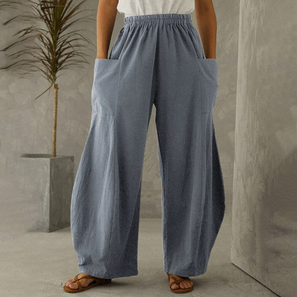 Supernfb Europe And The United States Summer New Women's Solid Color Pocket Elastic Waist Casual Pants Cotton Linen Loose Wide Leg Pants