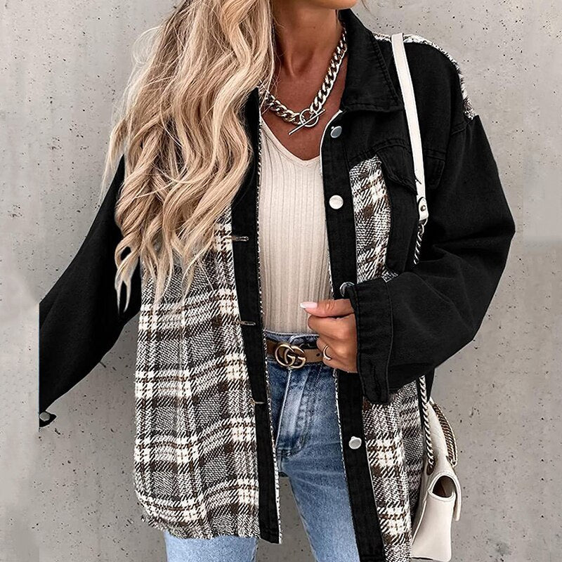 Supernfb Casual Button Turn-Down Collar Shirt Coat Top Women Fashion Commute Cardigan Coats Denim Jacket With Long Sleeve Plaid Patchwork