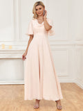 Supernfb Tavimart Elegant Chiffon Short Sleeve Evening Dress  Women Pink Wedding Ball Prom Gown Formal A-line Party Dress Vestido