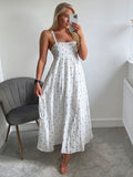 Supernfb Summer Dress Women Tiered Hem Embroidery Casual Midi Dress Straight Neckline Sleeveless Spaghetti Strap Cotton White Dress