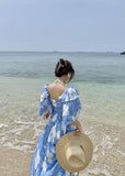 Supernfb Summer Short Sleeve Off Shoulder Vintage Beach Dress Bule Boho Holiday Femme Robe Floral Midi Dresses Women French Beach Dress