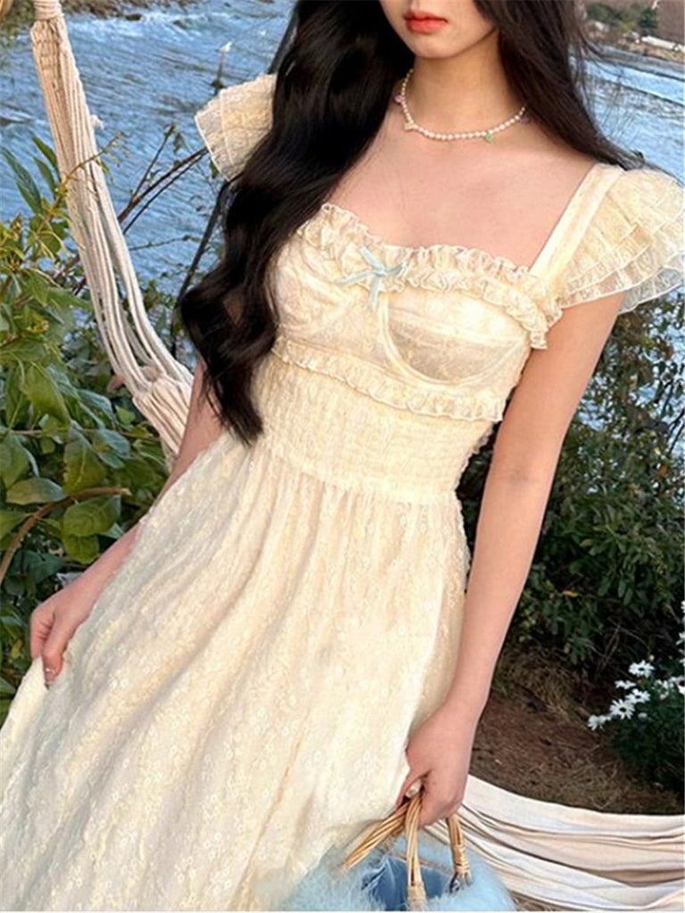 Midi Dress Women New Summer Vintage Elegant Sweet Party Vestidos Fairy Korean Dresses Evening Fashion Robe Female Clothes