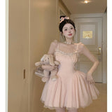Supernfb French High Waist Strap Dress Women Fairy Summer Short Pink Party Princess Puffy Dress Evening Dresses Vestidos De Mujer