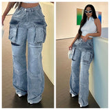 supernfb Multi Pockets Jeans Cargo Pants Women Y2K Streetwear Button Fly High Waist Loose Casual Denim Trousers All Matching Bottoms