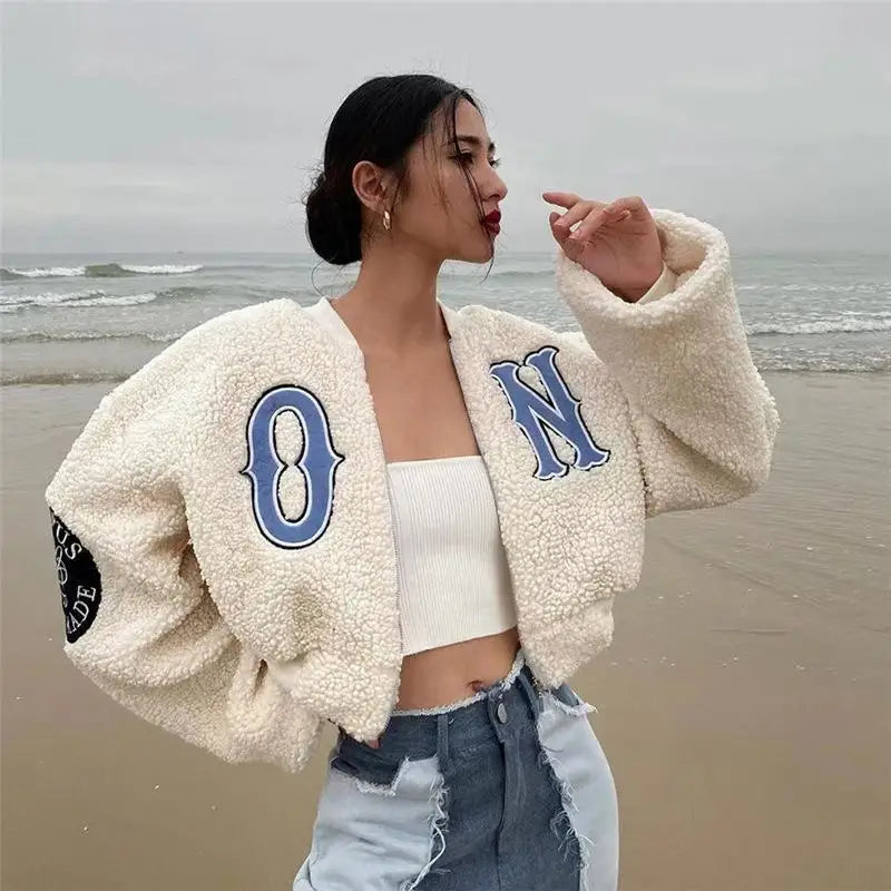 Supernfb Loose Letter Embroidered White Fleece Oversized Cropped Jacket for Women Winter Vintage Casual Zipper Coats Streetwear
