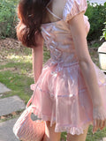 Spring Elegant Midi Dress Women Casual Lace One Piece Dress Korean Sweet Dress Party Puff  Sleeve