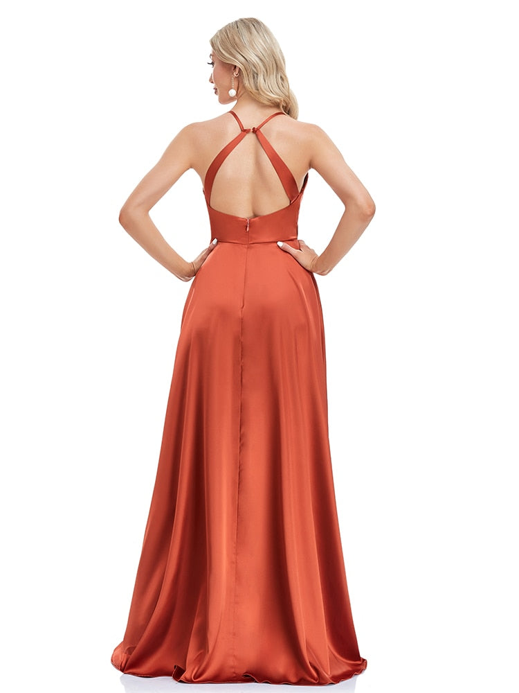 Supernfb Tavimart Lucyinlove Luxury Sexy Backless Evening Dress  Women V-neck High Slit Satin Formal Cocktail Wedding Party Prom Long Gowns