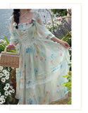 Supernfb Summer Woman Floral Chiffon Fairy Dress French Style Vintage Evening Party Vestidos Female Long Sleeve Beach Midi Boho Dresses
